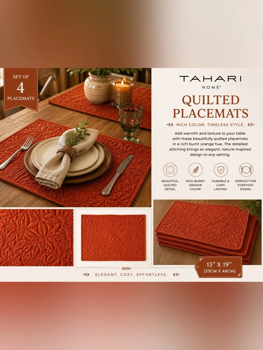 Tahari Rich Burnt Orange Quilted Placemat Set
